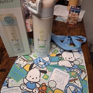 Sanrio Pochacco Bottle and Tote Set - White and Blue